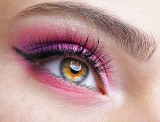 Closeup macro shot of human female eye with pink eyes shadows