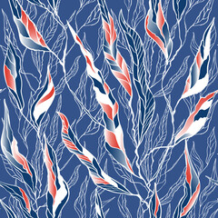 Blue seamless floral pattern with long red leaves on a square background. The vertical direction of the pattern