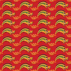 Seamless pattern with Fairytale Cute bright Dragon and fire isolated on white background. Fire breathing monsters. Happy Chinese new year. Vector illustration.