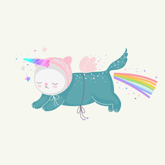 Funny unicorn cat with a rainbow and magical horn