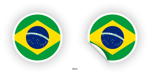 Brazil sticker flag icon set in different shape (circle and circular with peel off at the corner) on white background.