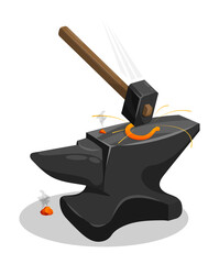 Obraz premium Blacksmith hammer hits horseshoe on anvil. Working in metal workshop. Cartoon vector isolated on white background