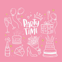 Fun hand drawn party design with cakes, gift boxes, balloons and party decoration. Great for birthday parties, textiles, banners, wallpapers, wrapping - vector design - obrazy, fototapety, plakaty