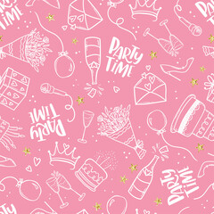 Fun hand drawn party seamless background with cakes, gift boxes, balloons and party decoration. Great for birthday parties, textiles, banners, wallpapers, wrapping - vector design
