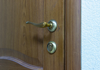 A lock on the door. Wooden door with handle and lock in the office. Exit from the office. Closed door.