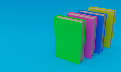 3d illustration, several books, placed vertically, blue background, copy space 3d rendering