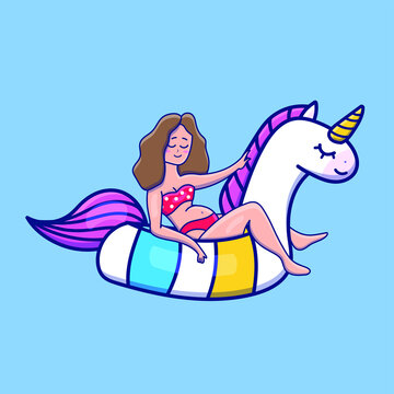 Cute cartoon girl in an inflatable circle in the form of a unicorn. Isolated human vector. Flat cartoon style