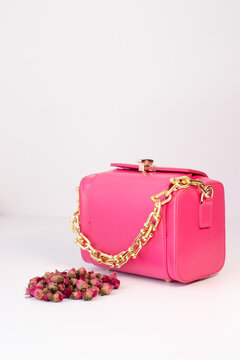 fashion photo. pink handbag surrounded with little roses flowers near. isolated on white. composition photography.