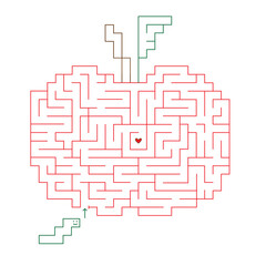 Square apple maze with worm. Maze for kids. Medium hard level. Made in vector.
