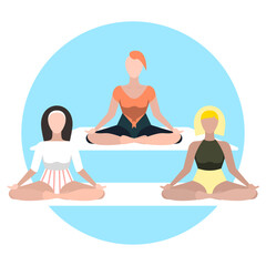 Yoga in the lotus position. Group of beautiful girls. Training. Yoga class. Beauty and self care.