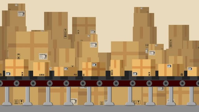 Animation of package boxes or cardboard boxes moving on conveyor belts in the warehouse. Shipping and Delivery concept.