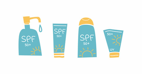 Sun and UV protection products. Sunscreen, SPF cosmetics.