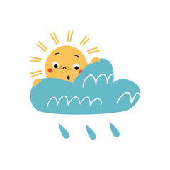 Sun and cloud with rain drops. Print for kids.