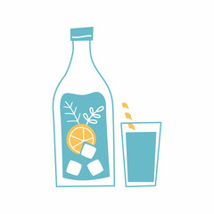 Bottle of cold drink with citrus and ice cubes.