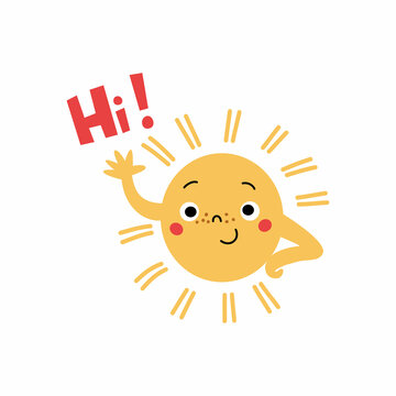 Cute sun character waving hand and Hi lettering.