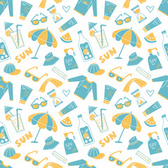 Seamless vector pattern with sun protection items.
