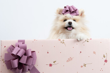 Fotografia de pet Spitz alemão em fundo rosa de dia das mães