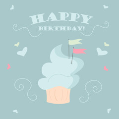 Birthday card with a cupcake on a light blue background