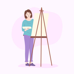 Woman painting on canvas, vector illustration