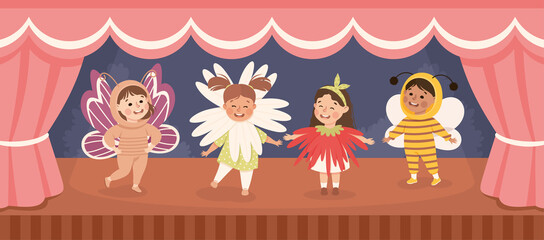 Children in Theater Play Wearing Costumes Performing on Stage Vector Illustration
