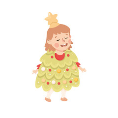 Little Girl in Theater Play Wearing Fir Tree Costume Performing on Stage Vector Illustration
