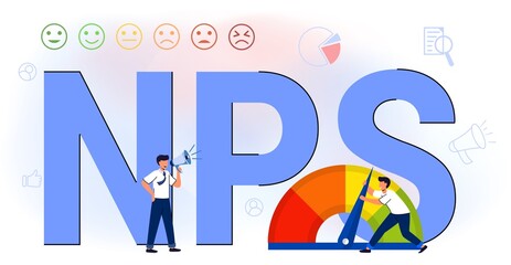 NPS Net promoter score Business strategy Formula promotion marketing scoring Promotional netting Teamwork Flat vector illustration Measures customer experience and predicts business growth - obrazy, fototapety, plakaty