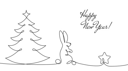 2023 year of rabbit Happy chinese New Year zodiac symbol Festive greeting card Vector illustration isolated white background One line contour silhouette hare, balloons in one solid continuous line