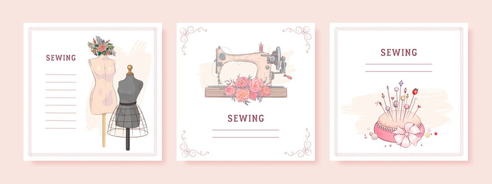 Square banner templates for greeting card and social media mobile apps. Sewing equipment and needlework. Vector illustration of sewing machine, mannequin and flowers