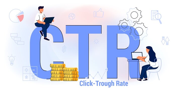 CTR Click through rate acronym Internet campaign Marketing strategy Website traffic Presentation Conversion rate SMM metrics tools Vector illustration Number time clicks Online advertising analysis