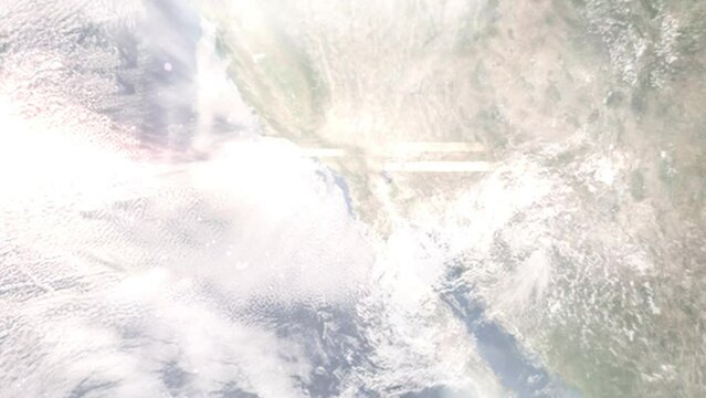 Earth zoom in from outer space to city. Zooming on Chula Vista, California, USA. The animation continues by zoom out through clouds and atmosphere into space. Images from NASA