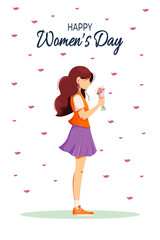 International Women's Day Poster Vector Illustration With Beautiful Woman holding Bouqet. Beautiful Girl Illustration