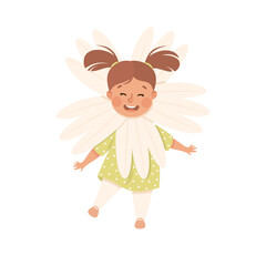 Little Girl in Theater Play Wearing Flower Costume Performing on Stage Vector Illustration