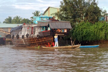 Boats trading produce during floating markets in the Mekong Delta in Vietnam