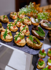 Table with canapes and meat and cheese slicing. High quality photo