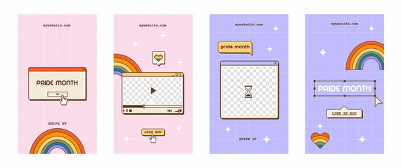 Fototapeta Set of vaporwave retro social media stories for LGBTQ Pride Month. Y2K aesthetic vertical banner or poster. Queer story template with old computer dialog window, rainbow and heart. Vector illustration obraz