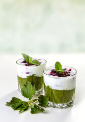 Delicious dessert with a layer of yogurt, nettle smoothie and honeysuckle jam. Dessert is served in a glass with a spoon. Copy space