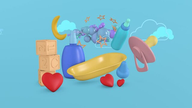 Cartoon style Baby yellow bath tub Surrounded by baby bottles, wooden toys cubes with letters and numbers, hearts, shampoo bottles, clouds and moon on a blue background. 3d render