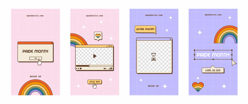 Set Of Vaporwave Retro Social Media Stories For LGBTQ Pride Month. Y2K Aesthetic Vertical Banner Or Poster. Queer Story Template With Old Computer Dialog Window, Rainbow And Heart. Vector Illustration