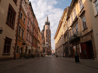 Famous Saint Mary's Basilica (Mariacki Church Kraków) at the Main Market Square in the Old Town...
