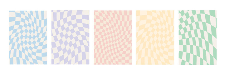 Set of checkerboard backgrounds in pale pastel colors. Groovy hippie chessboard pattern. Retro 60s 70s psychedelic design. Gingham vector wallpaper collection for print templates or textile.