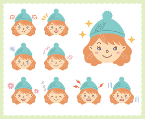 女性の喜怒哀楽の感情　顔アイコン　セット74