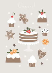 Cute card with Christmas food. Cupcake, cake, orange, biscuits. Holiday dessert.