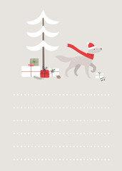 Cute card with dog in hat and scarf. Pine Christmas tree, gift boxes. Winter holidays. 