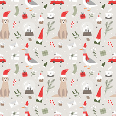 Cute seamless pattern with Christmas illustrations. Dog, goose, gnome, car, snowball, gifts, lollipop, cupcake. New year's celebration. Kids illustration for holiday wrapping paper, decoration