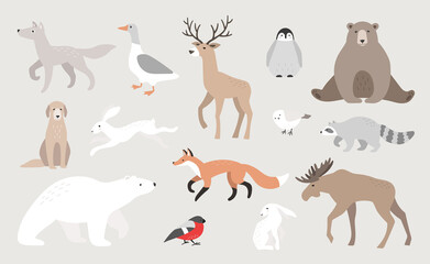 Cute vector wild animals. Wolf, goose, deer, penguin, bear, hare, fox, polar bear, racoon, moose, birds. Winter wildlife.