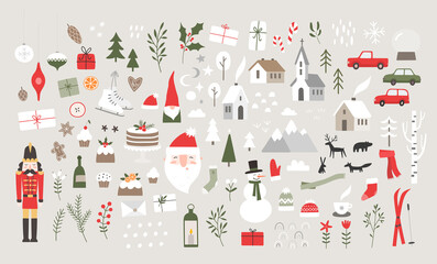 Cute vector set with Christmas illustrations. Santa Claus, nutcracker, gifts, houses, trees, holiday desserts, cars, mountains, gnome, twigs, snowman. New year's decoration elements. - 502787942