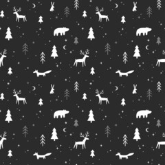 Seamless pattern with cute animals, trees, moon and stars. Night forest wildlife. Deer, bear, fox, rabbit in the dark wood.