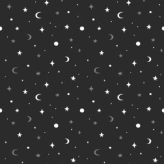 Seamless pattern with crescent moon and stars in black and white colors. Vector background with space 