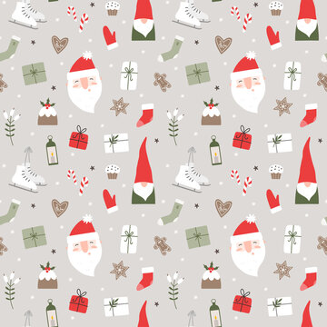 Cute seamless pattern with Christmas illustrations. Santa Claus, gnome, presents, cake, skates, socks, cookies. Kids illustration for holiday wrapping paper, textile, decorations.