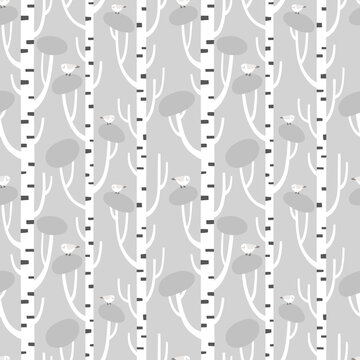Seamless pattern with birch trees and cute birds. Winter nature. Kids illustration for holiday wrapping paper, textile, decorations. © Kate K.